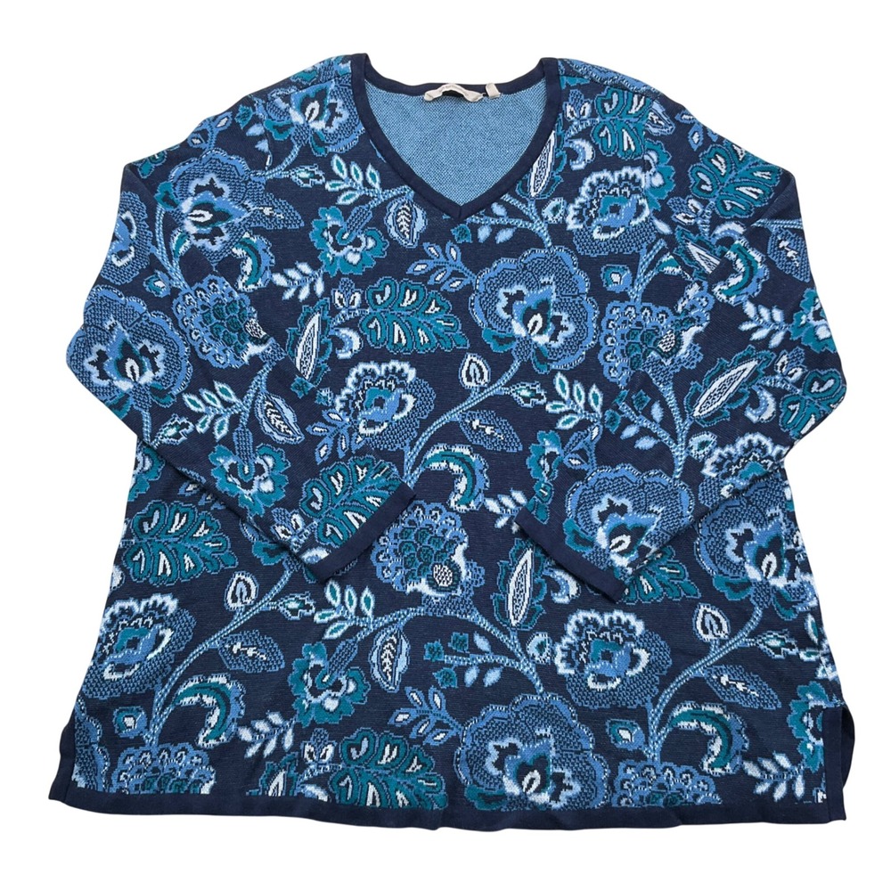 Soft Surroundings Tunic Women 3X Blue Floral Jacquard V-Neck Relaxed Boho Knit